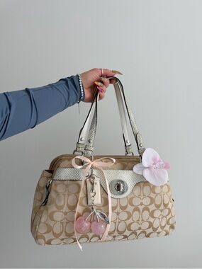 Beige Patterned Satchel Handbag with Pink Accents